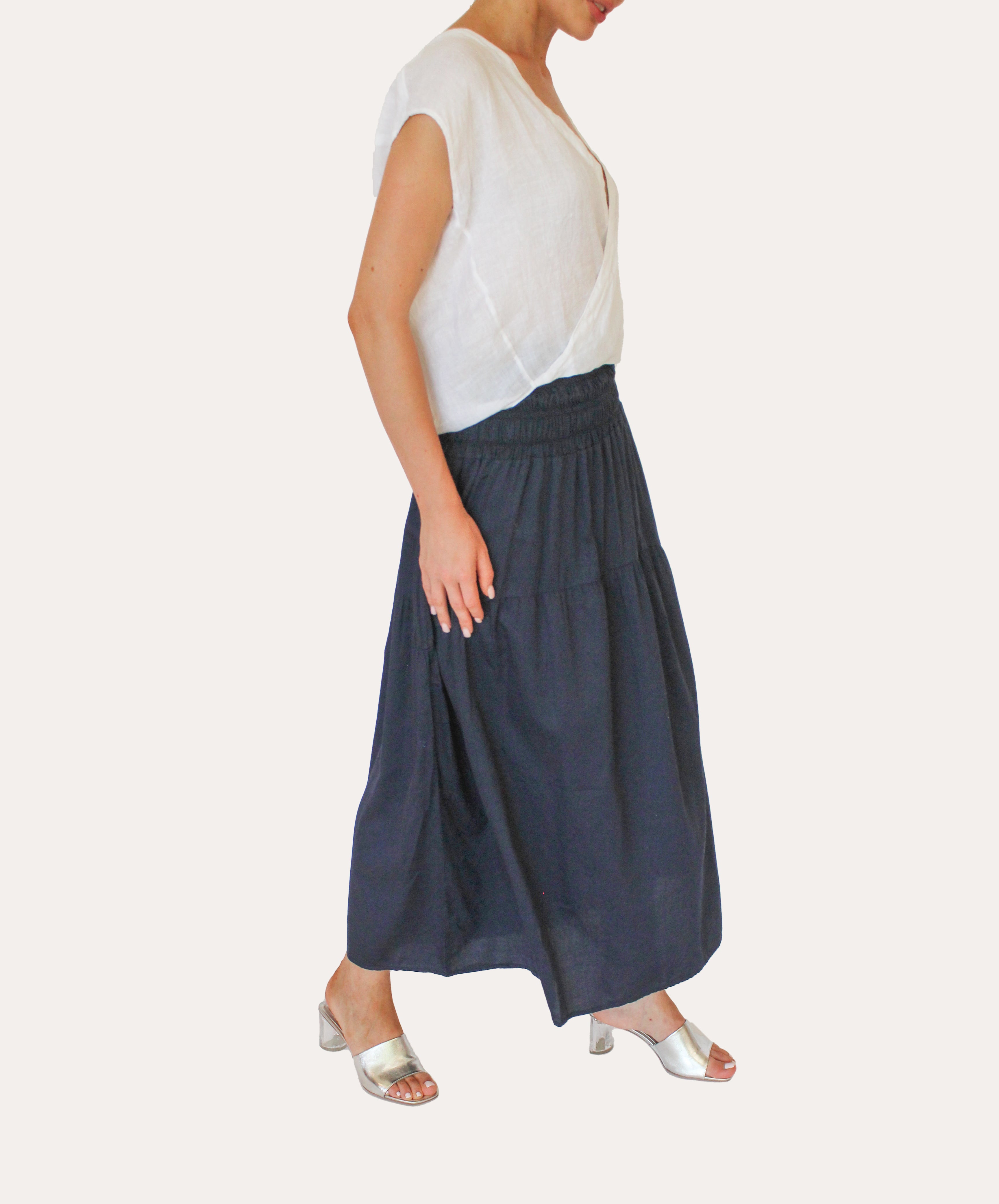 Elastic Shirring Long Skirt - Navy