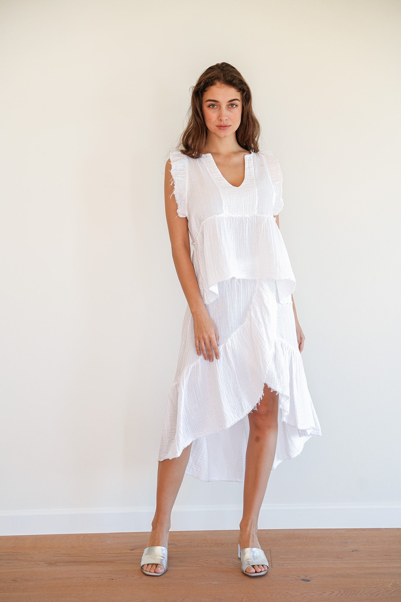 White ruffle shop skirt midi