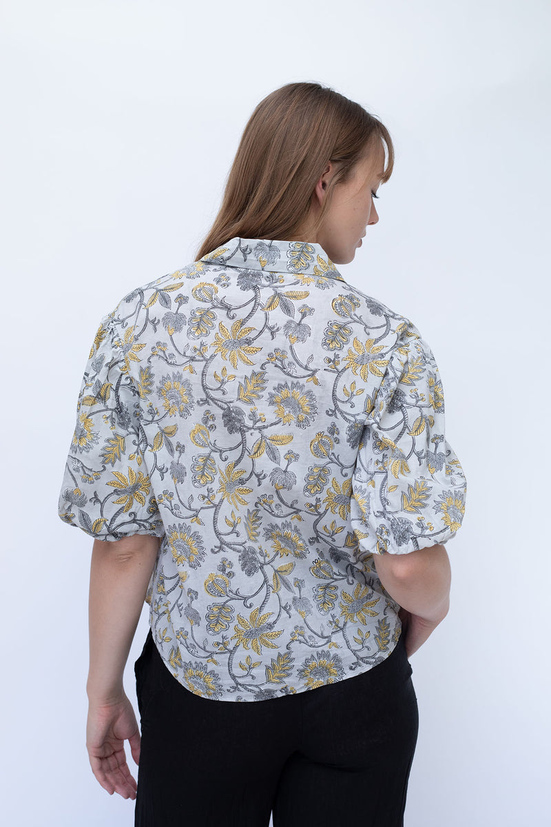 STARKx Summer 2023 Puff Sleeve Button Up Yellow Grey Back