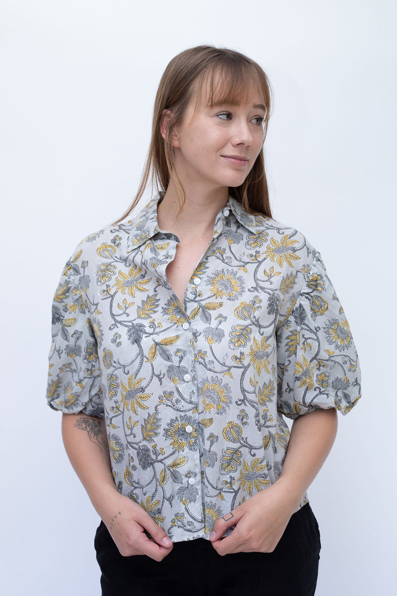 STARKx Summer 2023 Puff Sleeve Button Up Yellow Grey Front